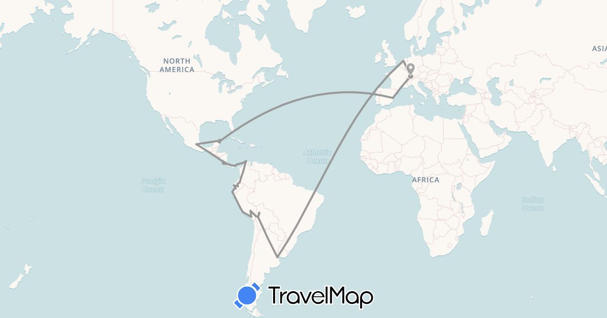 TravelMap itinerary: driving, plane in Argentina, Bolivia, Switzerland, Colombia, Costa Rica, Ecuador, Spain, Mexico, Netherlands, Panama, Peru (Europe, North America, South America)